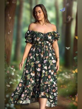 AULIEUDE Ashley Forest Fairytale Maxi Dress 5X NWT Green Linen Blend Butterflies